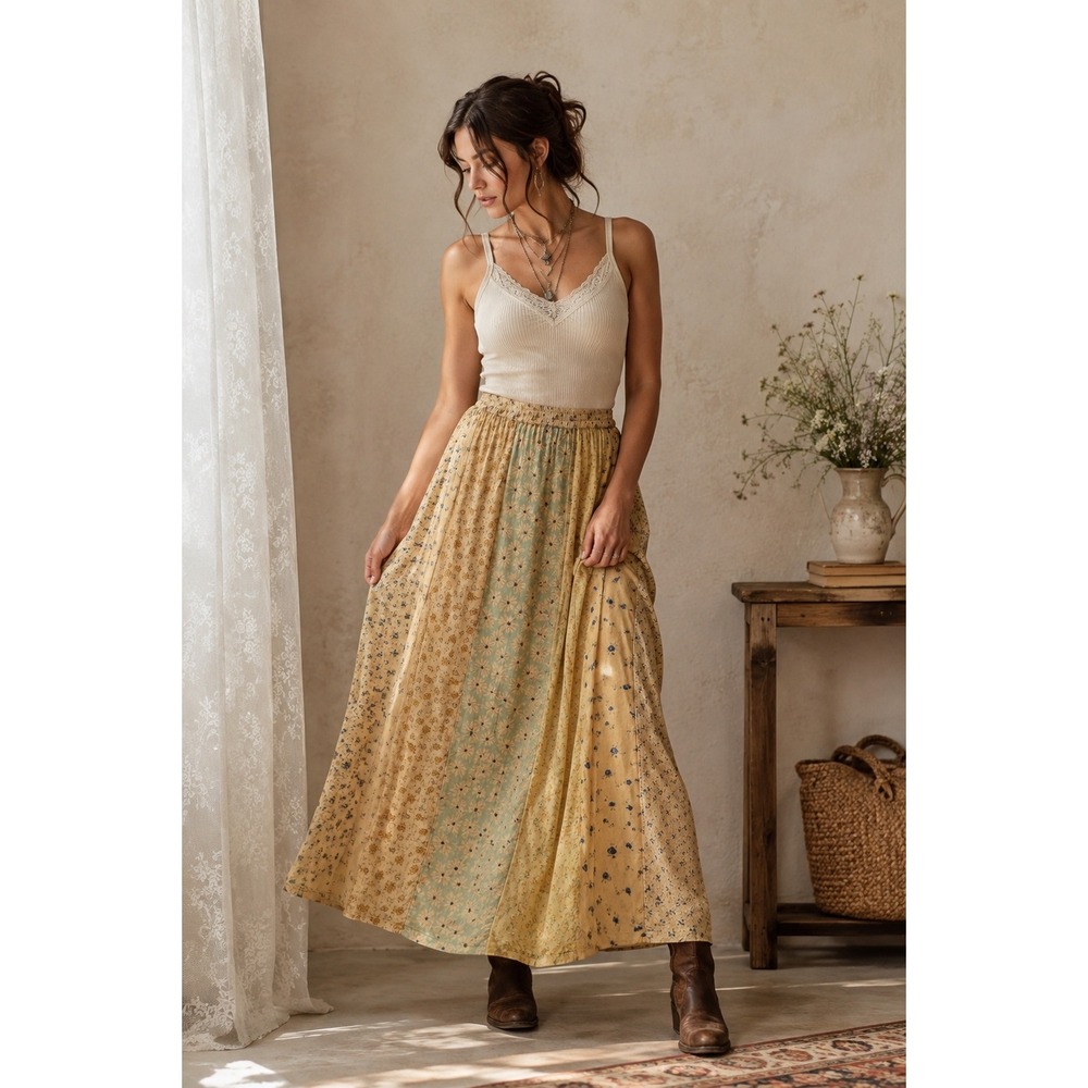 Sacred Threads Maxi Skirt Patchwork Floral Earth Tones Size S/M Boho Long Skirt
